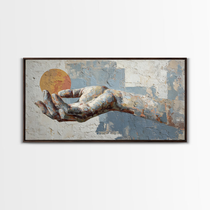 Mystic Hand Holding a Tiny Sun Framed Canvas Print, Boho Art, Printable, Living Room Decor, Bohemian, Abstract Wall Art, BOH-2x1-50