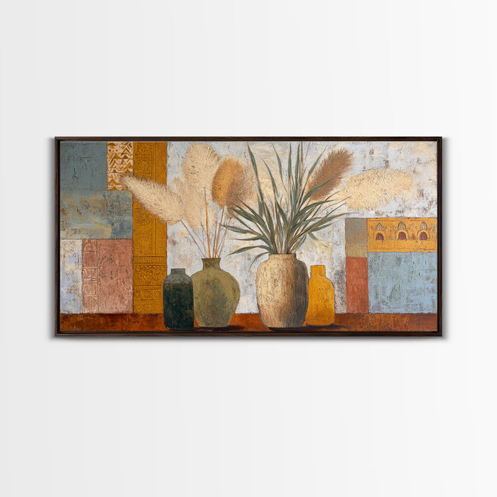 Bohemian Vase with Dried Pampas Grass Canvas Print, Boho Art, Abstract Wall Art, Living Room Decor, Oil Painting, Bohemian, BOH-2x1-53