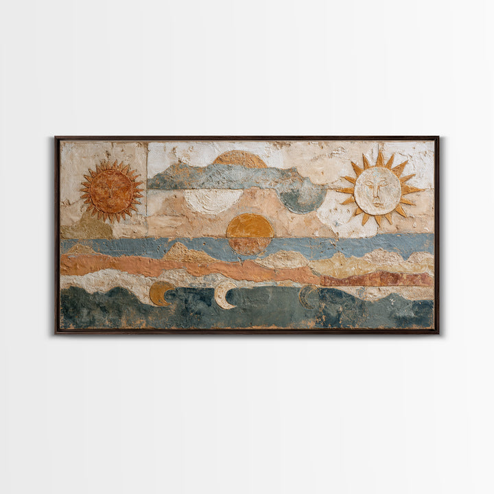 Sun and Moon Celestial Folk Motif Framed Canvas Print, Boho Art, Wall Decor, Living Room Decor, Fine Art, Bohemian, Art Nouveau, BOH-2x1-6