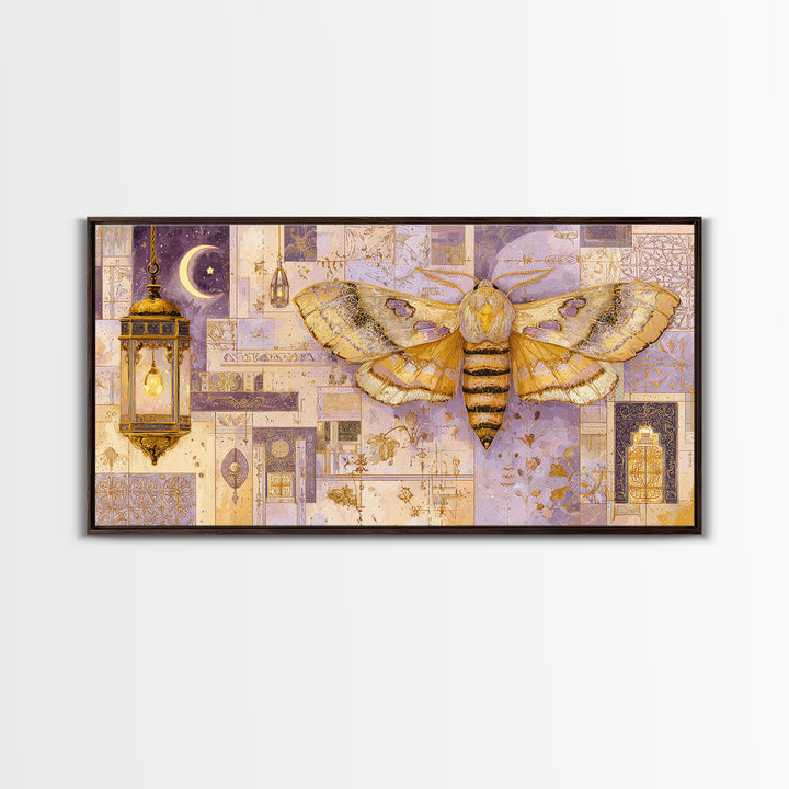Golden Moth with Moon and Stars Canvas Print, Boho Art, Canvas Art, Living Room Decor, Fine Art, Bohemian, Wall Art Set, BOH-2x1-61