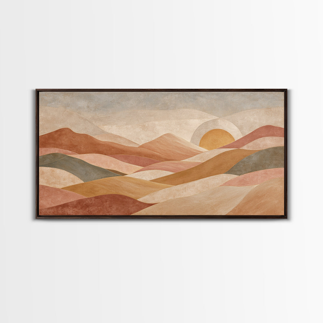 Sunrise over Rolling Dunes in Muted Peach Framed Canvas Print, Boho Art, Living Room Decor, Abstract Art, Bohemian, BOH-2x1-65