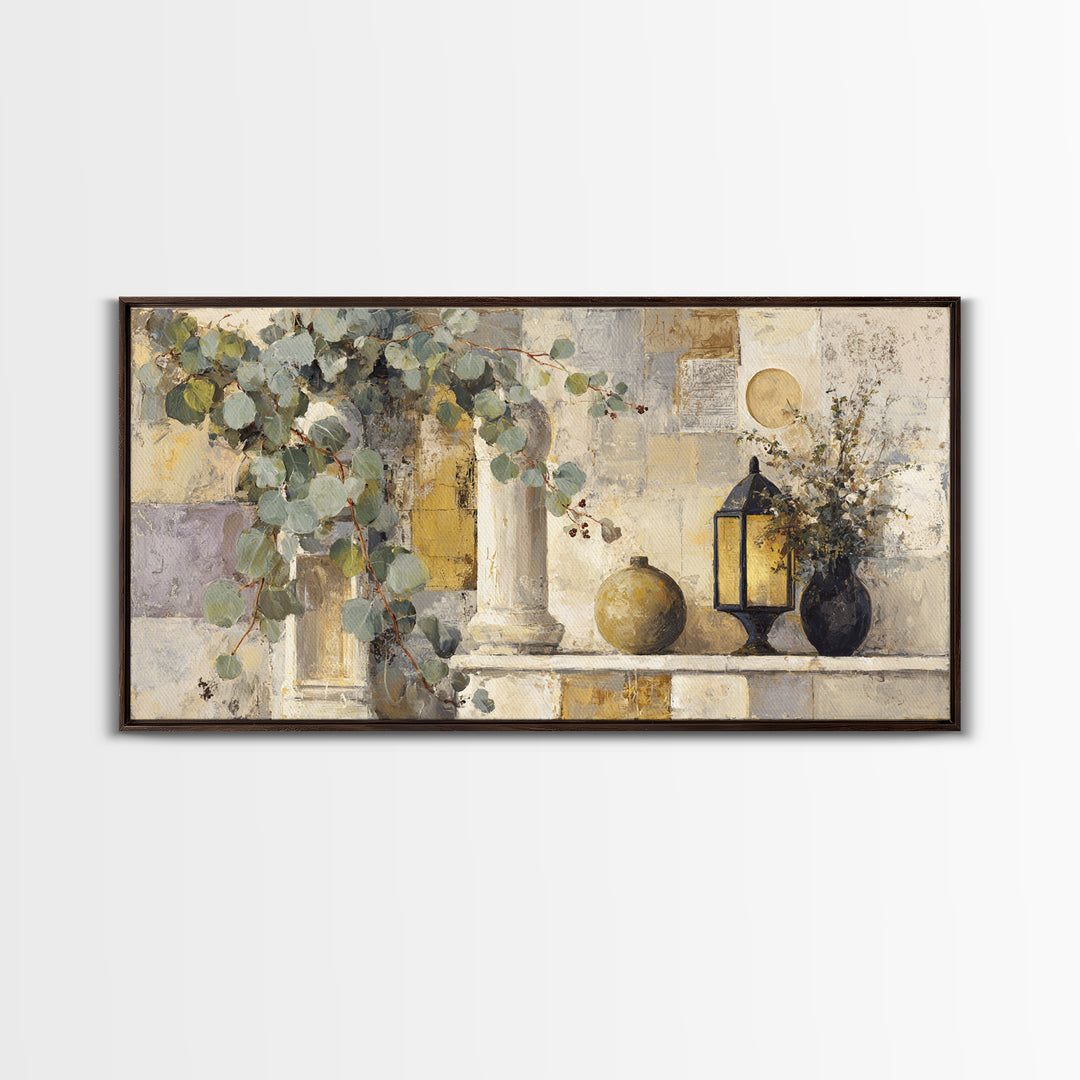 Sage Green Eucalyptus and Crescent Moon Framed Canvas Print, Boho Art, Fine Art Print, Living Room Decor, Fine Art, Bohemian, BOH-2x1-67
