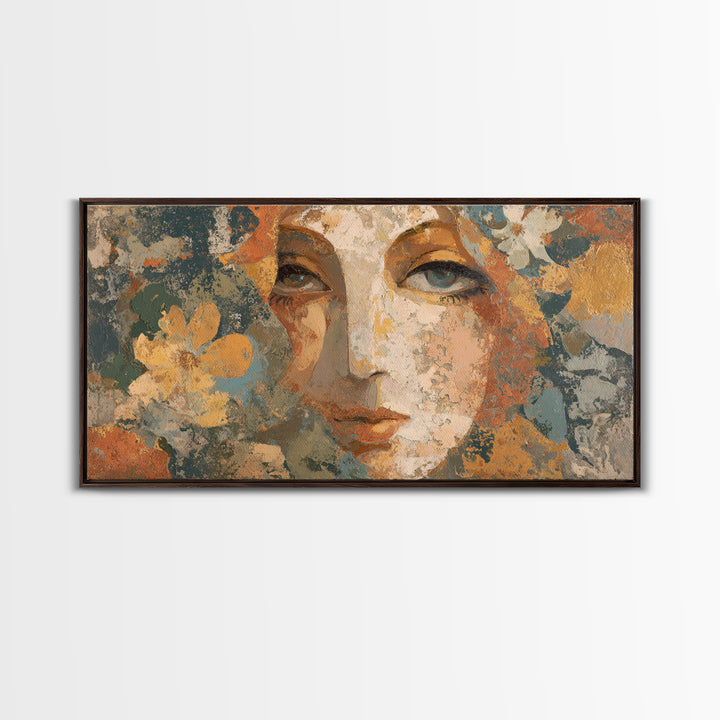 Abstract Female Face Framed Canvas Print, Boho Art, Digital Wall Art, Living Room Decor, Watercolor Art, Bohemian, Garden Art, BOH-2x1-72
