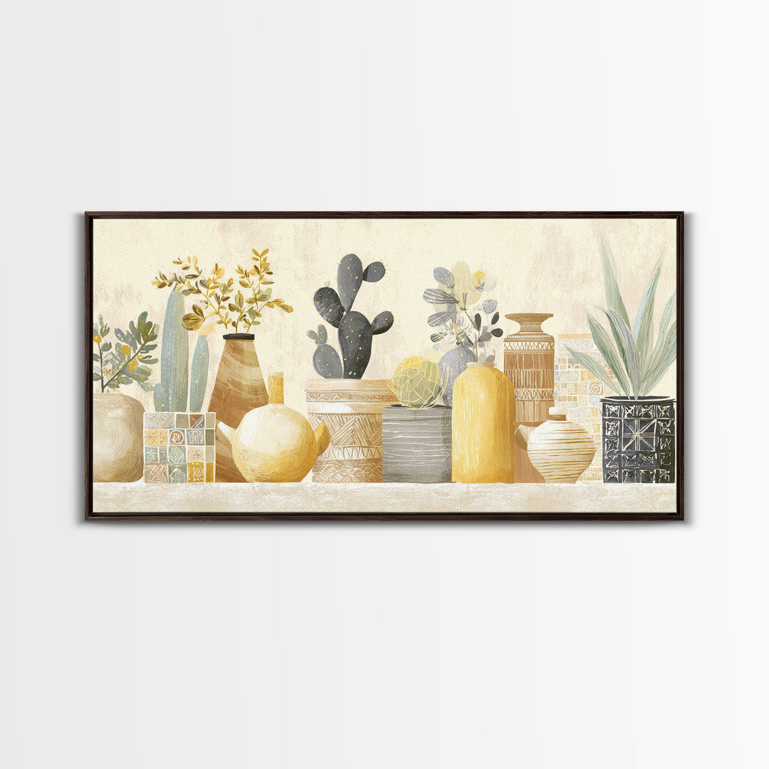 Warm Neutral Cactus Garden Illustration Framed Canvas Print, Boho Art, Digital Wall Art, Living Room Decor, Fine Art, Bohemian, BOH-2x1-86