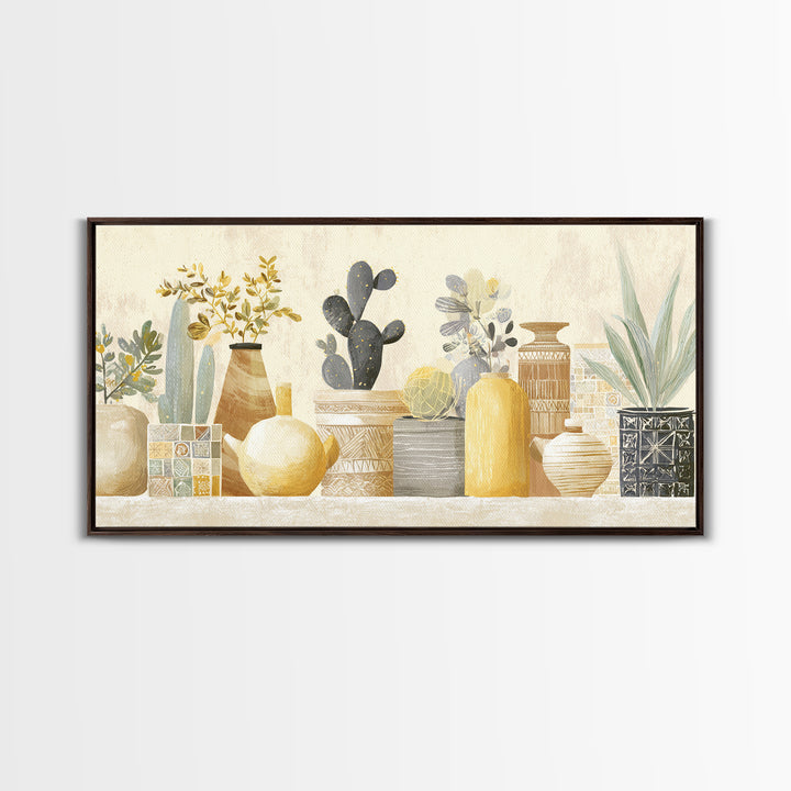 Warm Neutral Cactus Garden Illustration Framed Canvas Print, Boho Art, Digital Wall Art, Living Room Decor, Fine Art, Bohemian, BOH-2x1-86