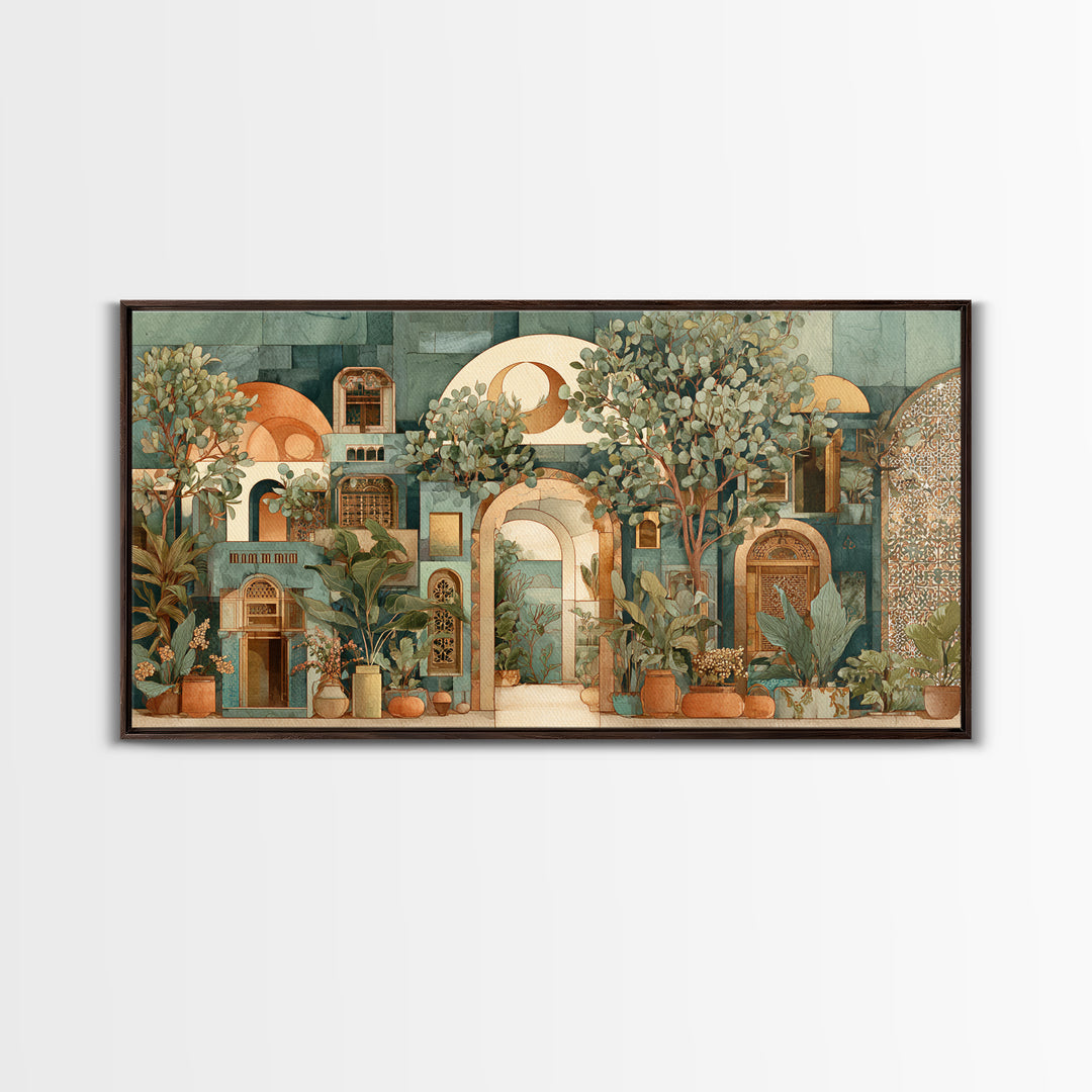 Sage Green Eucalyptus and Crescent Moon Framed Canvas Print, Boho Art, Wallart, Living Room Decor, Fine Art, Bohemian, BOH-2x1-91