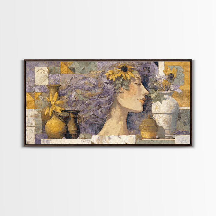 Abstract Female Face Framed Canvas Print, Boho Art, Boho Wall Art, Living Room Decor, Fine Art, Bohemian, Statement Artwork, BOH-2x1-96