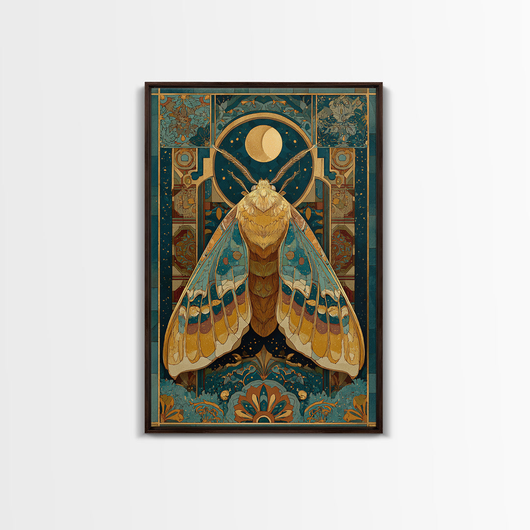 Golden Moth with Moon and Stars Framed Canvas Print, Boho Art, Art Nouveau, Living Room Decor, Fine Art, Bohemian, Wall Print, BOH-2x3-1