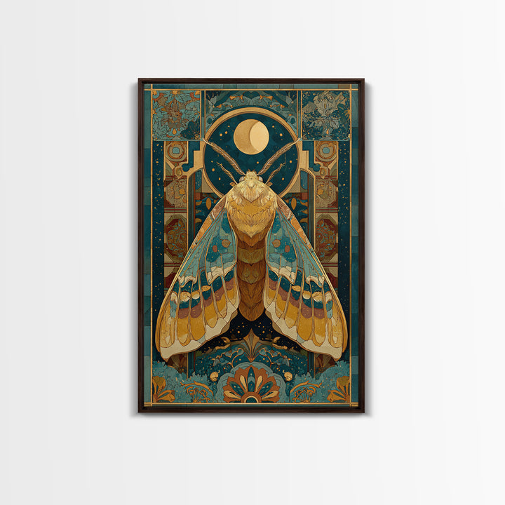 Golden Moth with Moon and Stars Framed Canvas Print, Boho Art, Art Nouveau, Living Room Decor, Fine Art, Bohemian, Wall Print, BOH-2x3-1