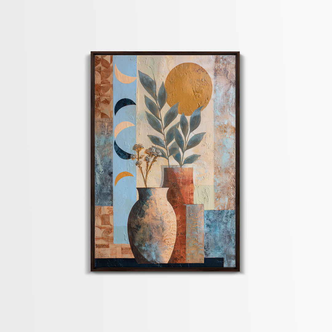 Moon Phases Above Botanical Silhouettes Canvas Print, Boho Art, Art Prints, Living Room Decor, Watercolor Art, Bohemian, BOH-2x3-10