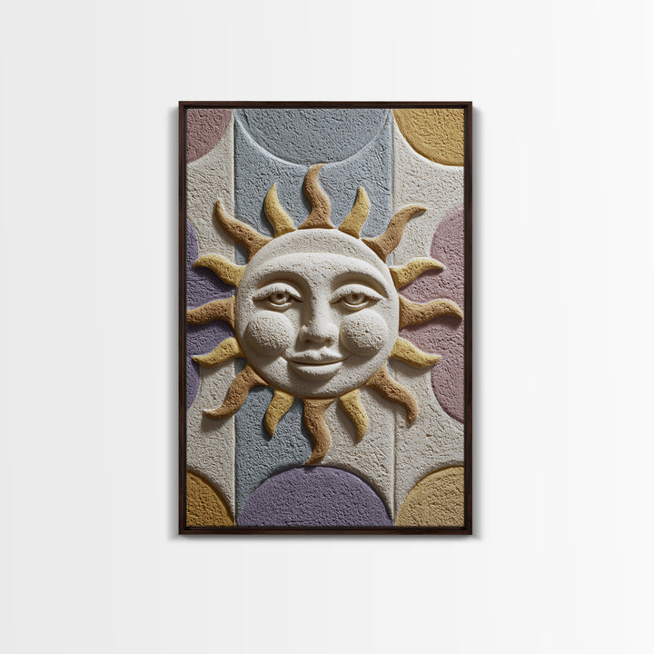 Sun and Moon Celestial Folk Motif Framed Canvas Print, Boho Art, Digital Art, Living Room Decor, Watercolor Art, Bohemian, BOH-2x3-18