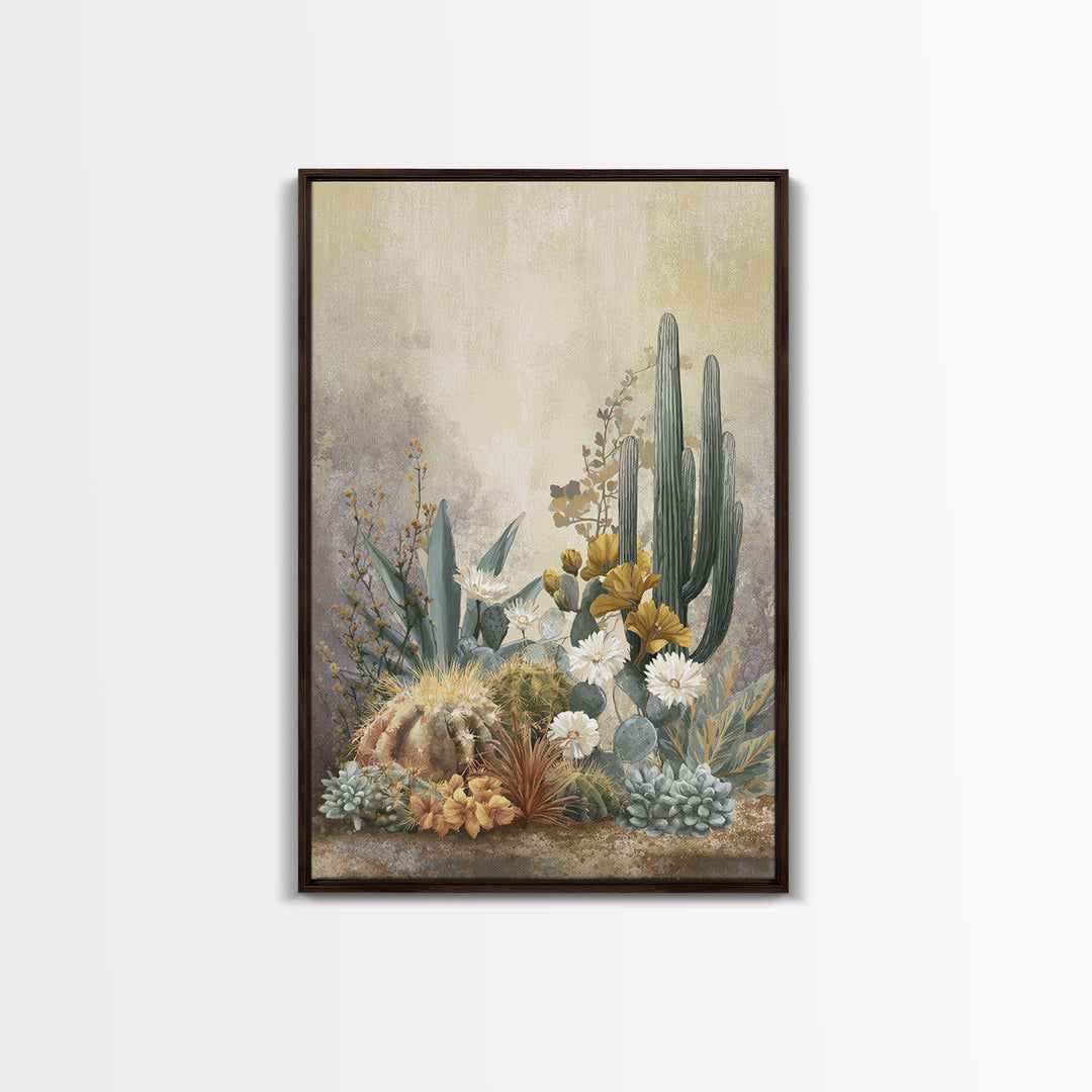 Warm Neutral Cactus Garden Illustration Framed Canvas Print, Boho Art, Wall Decor, Living Room Decor, Fine Art, Bohemian, BOH-2x3-2