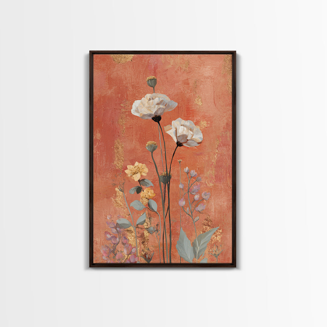 Burnt Orange Floral Field at Sunset Framed Canvas Print, Boho Art, Wallart, Living Room Decor, Bohemian, Living Room Wall Art, BOH-2x3-21