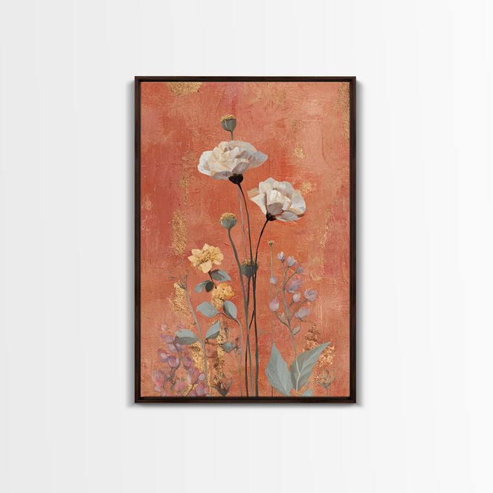 Burnt Orange Floral Field at Sunset Framed Canvas Print, Boho Art, Wallart, Living Room Decor, Bohemian, Living Room Wall Art, BOH-2x3-21