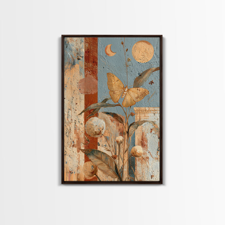 Golden Moth with Moon and Stars Framed Canvas Print, Boho Art, Art Nouveau, Living Room Decor, Fine Art, Bohemian, Wall Print, BOH-2x3-25