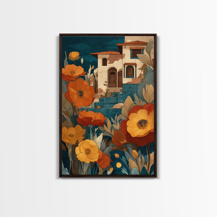 Burnt Orange Floral Field at Sunset Canvas Print, Boho Art, Living Room Decor, Oil Painting, Bohemian, Modern Decor, BOH-2x3-45