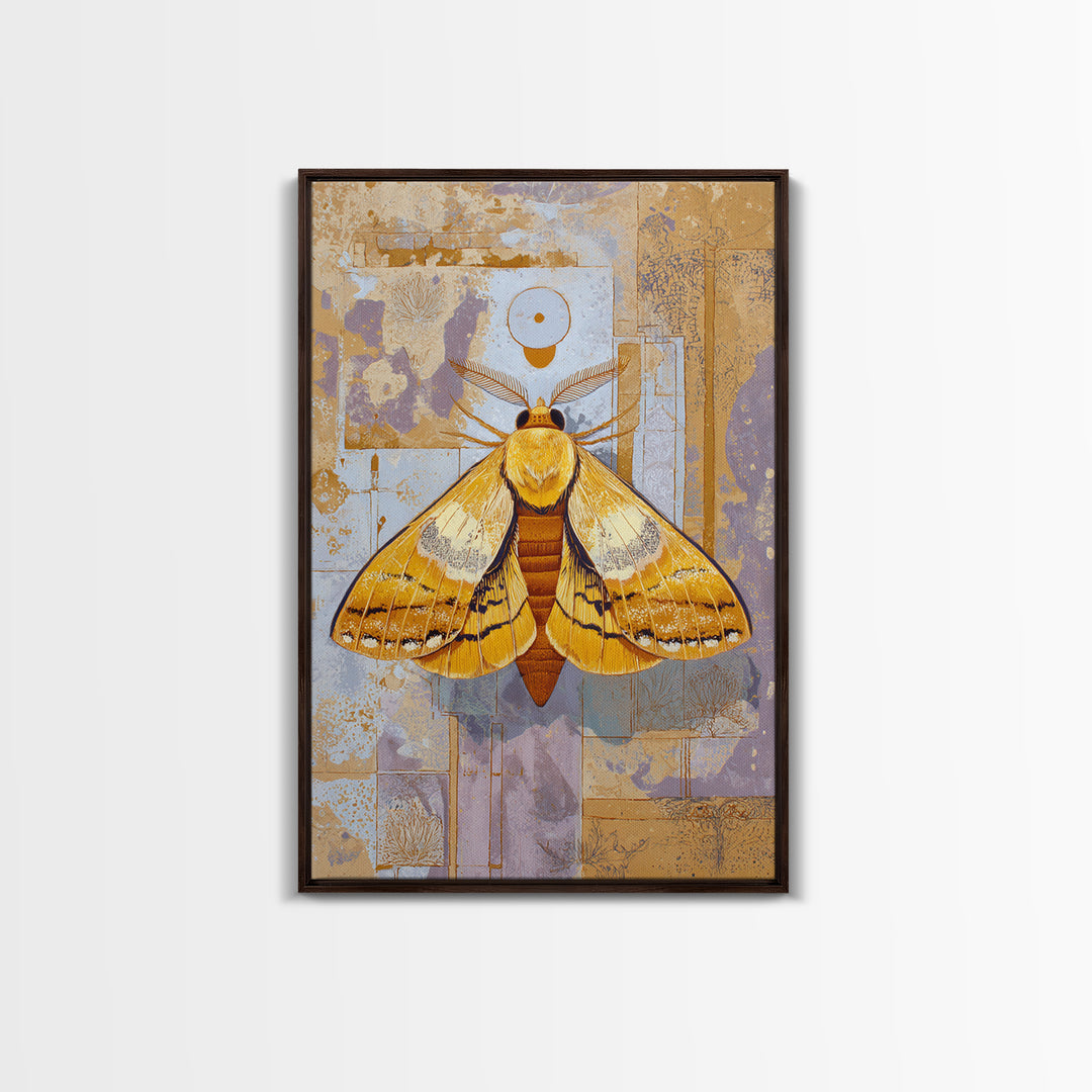 Golden Moth with Moon and Stars Canvas Print, Boho Art, Abstract Wall Art, Living Room Decor, Bohemian, Fine Art Print, BOH-2x3-49