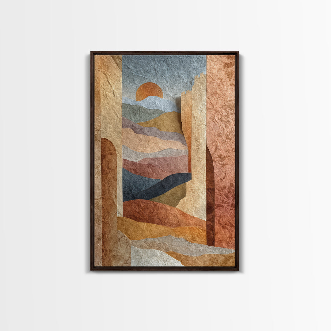 Sunrise over Rolling Dunes in Muted Peach Framed Canvas Print, Boho Art, Boho Wall Art, Living Room Decor, Oil Painting, BOH-2x3-53
