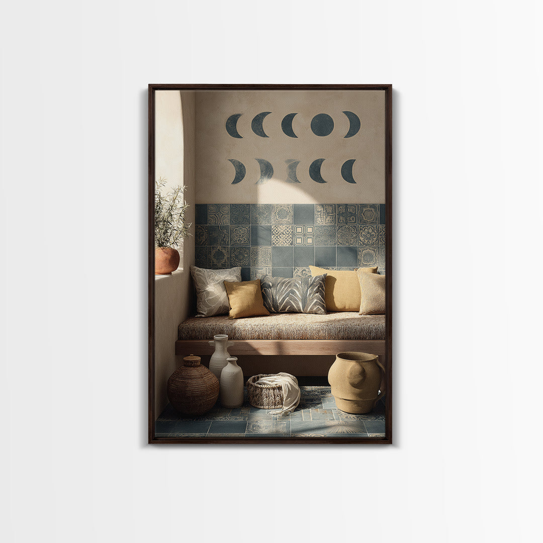 Moon Phases Above Botanical Silhouettes Canvas Print, Boho Art, Abstract Art, Living Room Decor, Bohemian 458, Set of Prints, BOH-2x3-58