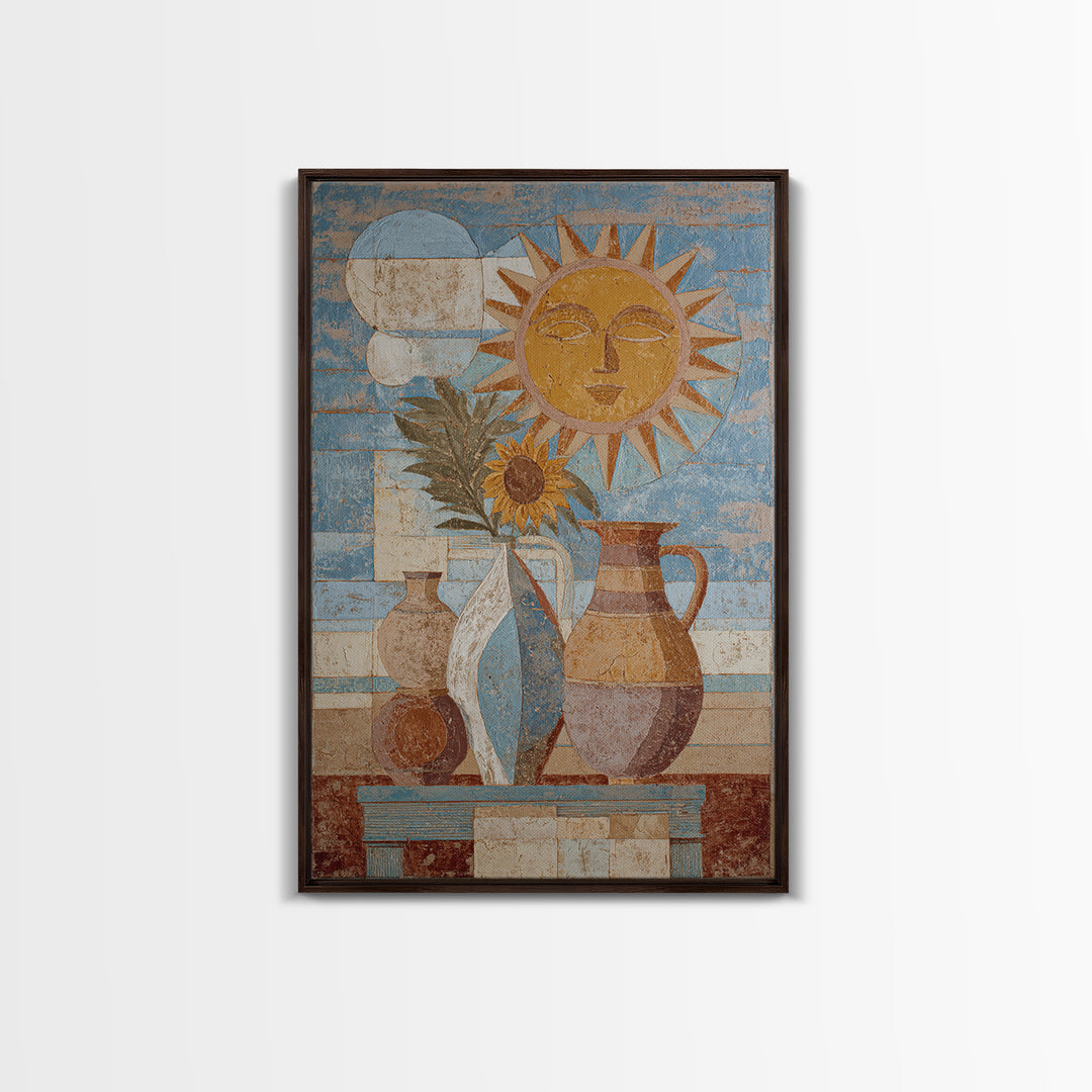 Sun and Moon Celestial Folk Motif Canvas Print, Boho Art, Art Deco, Living Room Decor, Oil Painting, Bohemian, Modern Wall Art, BOH-2x3-66