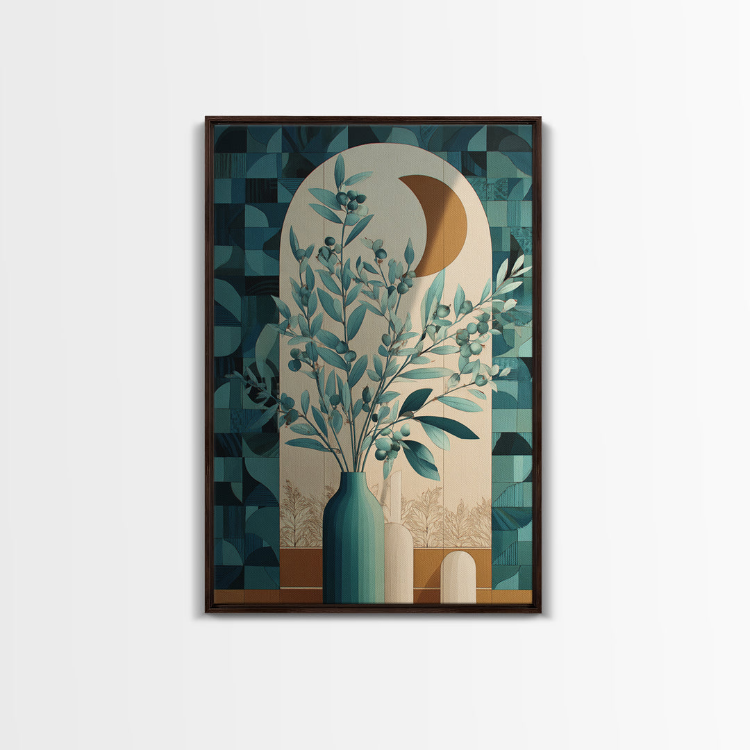 Sage Green Eucalyptus and Crescent Moon Canvas Print, Boho Art, Art, Living Room Decor, Bohemian, Wallart, Art Nouveau, BOH-2x3-7