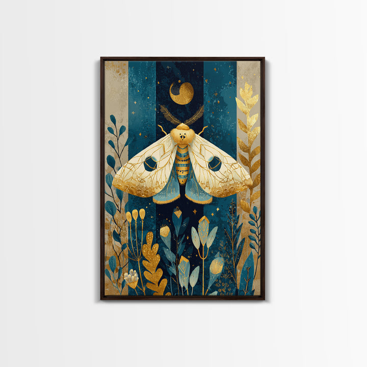 Golden Moth with Moon and Stars Framed Canvas Print, Boho Art, Living Room Wall Art, Living Room Decor, Fine Art, Bohemian, BOH-2x3-73