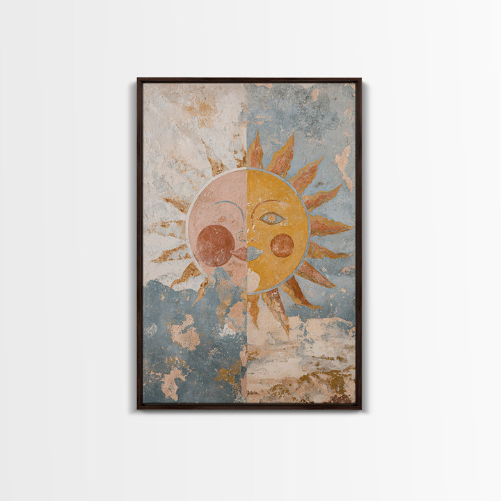 Sun and Moon Celestial Folk Motif Framed Canvas Print, Boho Art, Digital Print, Living Room Decor, Fine Art, Bohemian, BOH-2x3-90