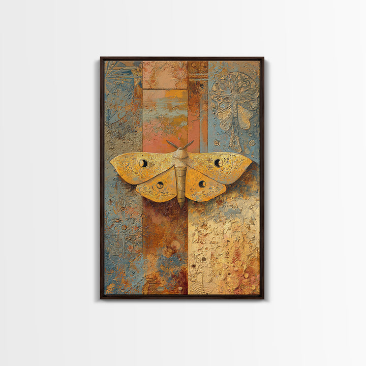 Golden Moth with Moon and Stars Framed Canvas Print, Boho Art, Living Room Wall Art, Living Room Decor, Fine Art, Bohemian, BOH-2x3-97
