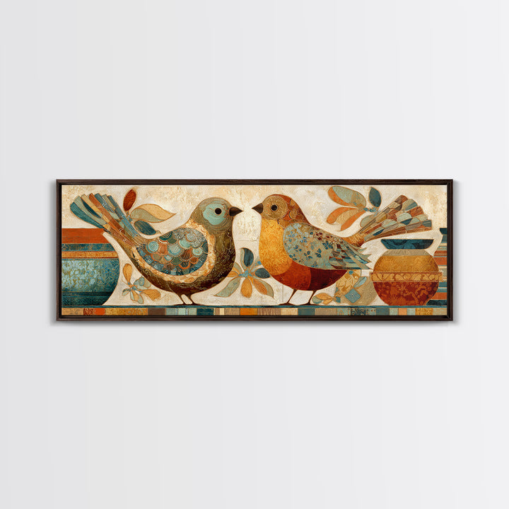 Boho Bird Pair Framed Canvas Print, Boho Art, Boho Decor, Living Room Decor, Fine Art, Bohemian, Textured Painting, BOH-3x1-12