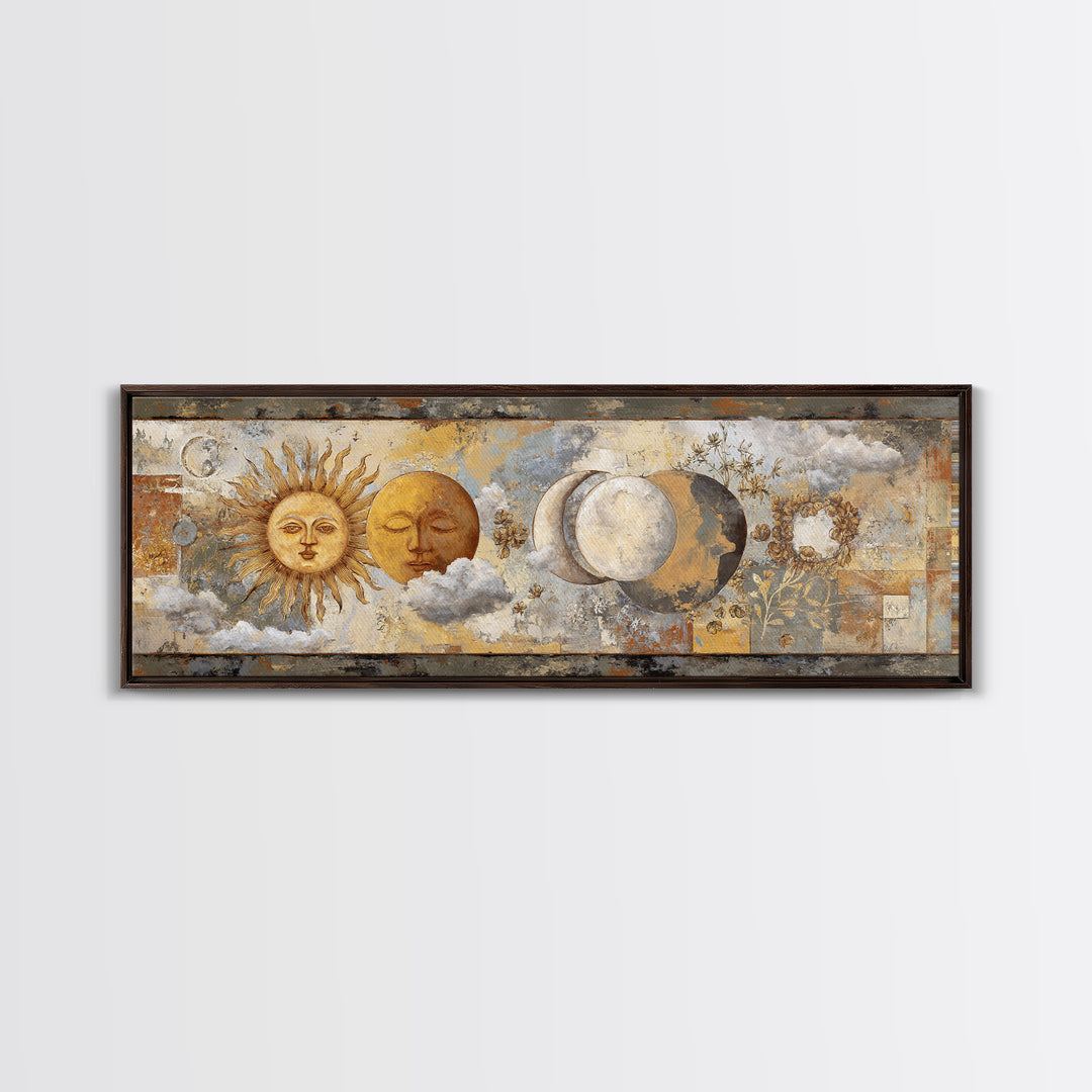Sun and Moon Celestial Folk Motif Framed Canvas Print, Boho Art, Wallart, Living Room Decor, Bohemian, Living Room Wall Art, BOH-3x1-2