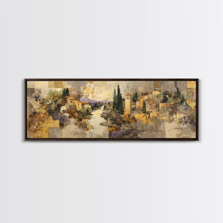 Earth Tone Mountain and River Abstraction Framed Canvas Print, Boho Art, Wall Art, Living Room Decor, Watercolor Art, Bohemian, BOH-3x1-27