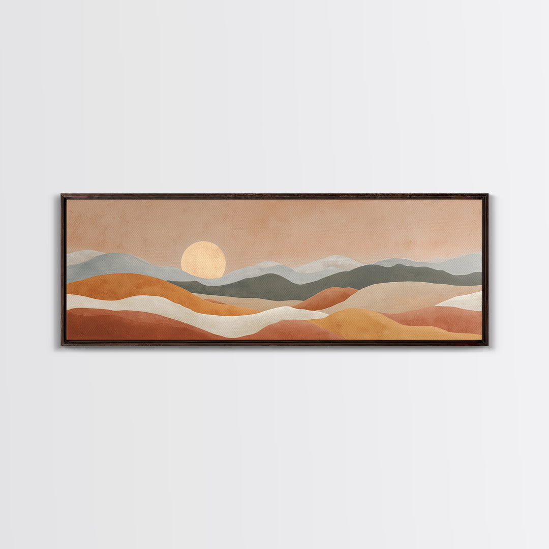 Sunrise over Rolling Dunes in Muted Peach Framed Canvas Print, Boho Art, Wall Art Set, Living Room Decor, Watercolor Art, BOH-3x1-37