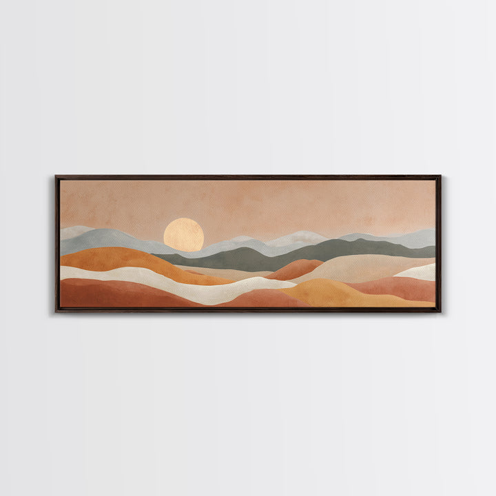 Sunrise over Rolling Dunes in Muted Peach Framed Canvas Print, Boho Art, Wall Art Set, Living Room Decor, Watercolor Art, BOH-3x1-37