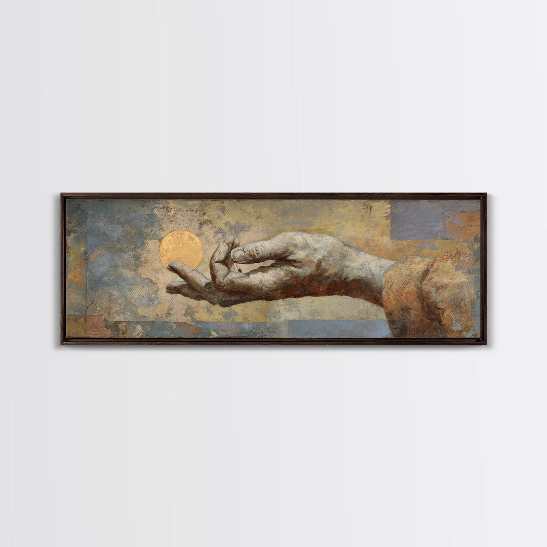 Mystic Hand Holding a Tiny Sun Canvas Print, Boho Art, Modern Wall Art, Living Room Decor, Fine Art, Bohemian, BOH-3x1-46