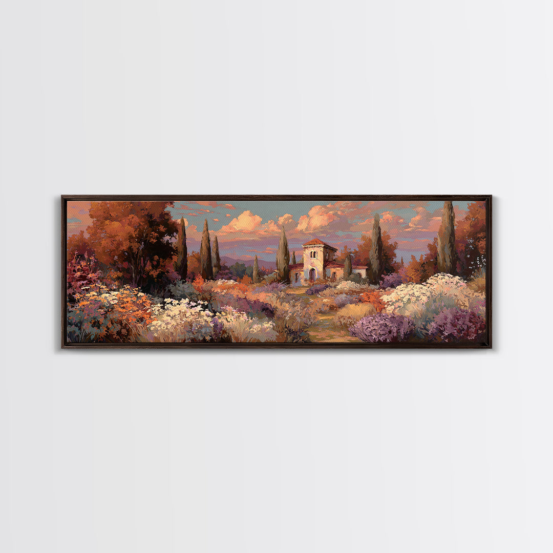 Burnt Orange Floral Field at Sunset Framed Canvas Print, Boho Art, Boho Wall Art, Living Room Decor, Fine Art, Bohemian, BOH-3x1-5