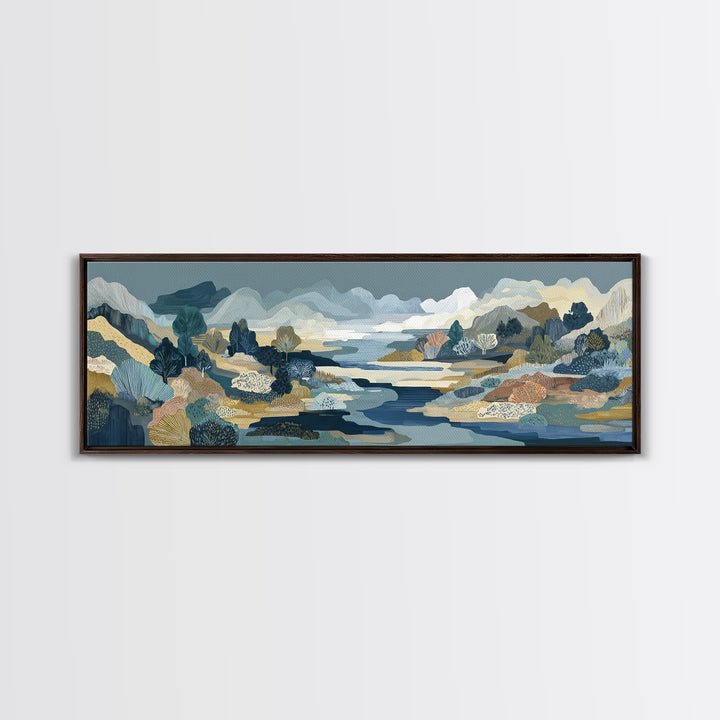 Earth Tone Mountain and River Abstraction Framed Canvas Print, Boho Art, Boho, Living Room Decor, Oil Painting, Bohemian, BOH-3x1-51