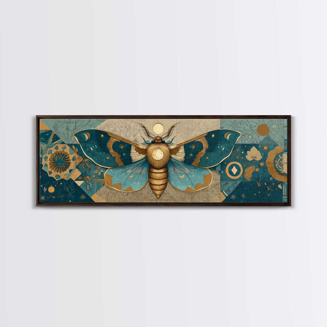 Golden Moth with Moon and Stars Framed Canvas Print, Boho Art, Statement Artwork, Living Room Decor, Fine Art, Bohemian, BOH-3x1-57