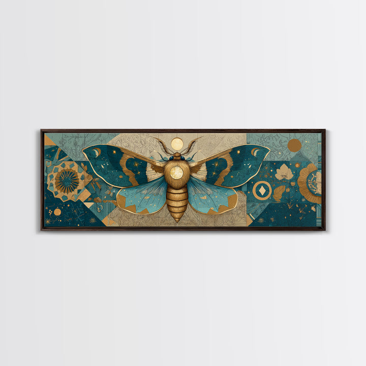 Golden Moth with Moon and Stars Framed Canvas Print, Boho Art, Statement Artwork, Living Room Decor, Fine Art, Bohemian, BOH-3x1-57