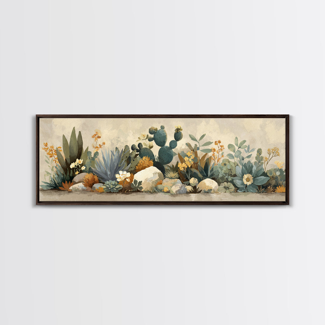 Warm Neutral Cactus Garden Illustration Framed Canvas Print, Boho Art, Boho Wall Art, Living Room Decor, Oil Painting, Bohemian, BOH-3x1-58