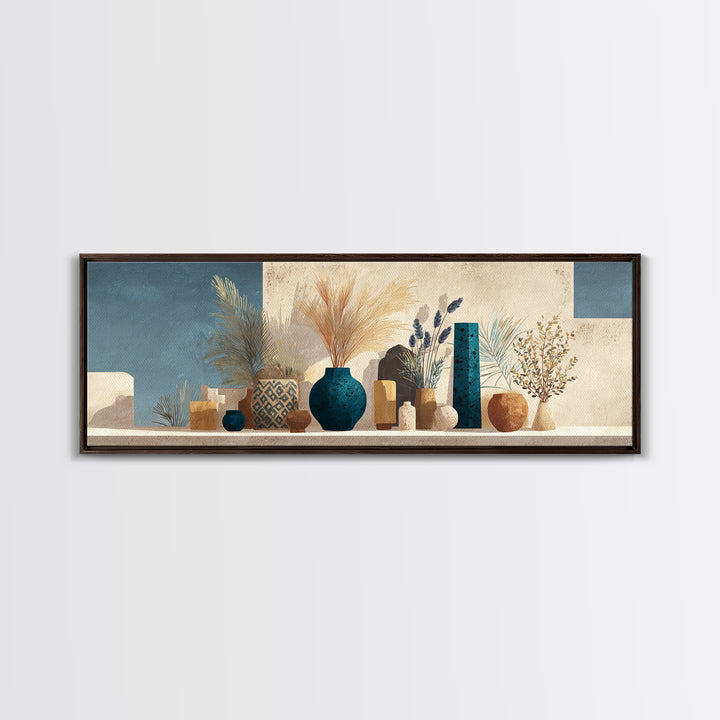 Bohemian Vase with Dried Pampas Grass Framed Canvas Print, Boho Art, Textured Painting, Living Room Decor, Fine Art, Bohemian, BOH-3x1-73