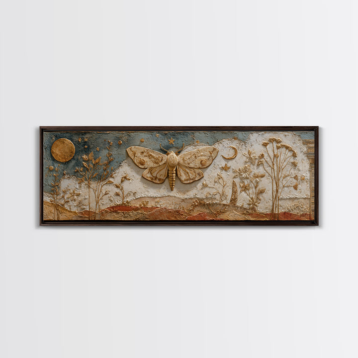 Golden Moth with Moon and Stars Framed Canvas Print, Boho Art, Statement Artwork, Living Room Decor, Fine Art, Bohemian, BOH-3x1-81