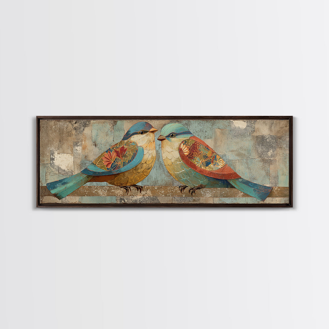 Boho Bird Pair Framed Canvas Print, Boho Art, Digital Art, Living Room Decor, Bohemian, Printable Art, Abstract Wall Art, BOH-3x1-84