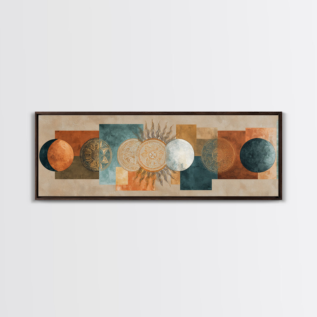 Sun and Moon Celestial Folk Motif Canvas Print, Boho Art, Neutral Decor, Living Room Decor, Fine Art, Bohemian, Wall Decor, BOH-3x1-98