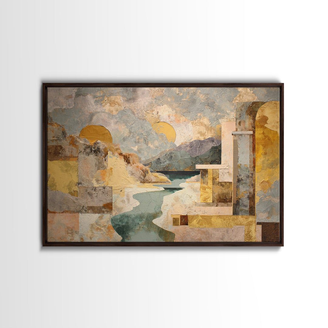 Earth Tone Mountain and River Abstraction Framed Canvas Print, Boho Art, Wall Art Set, Living Room Decor, Fine Art, Bohemian, BOH-3x2-15