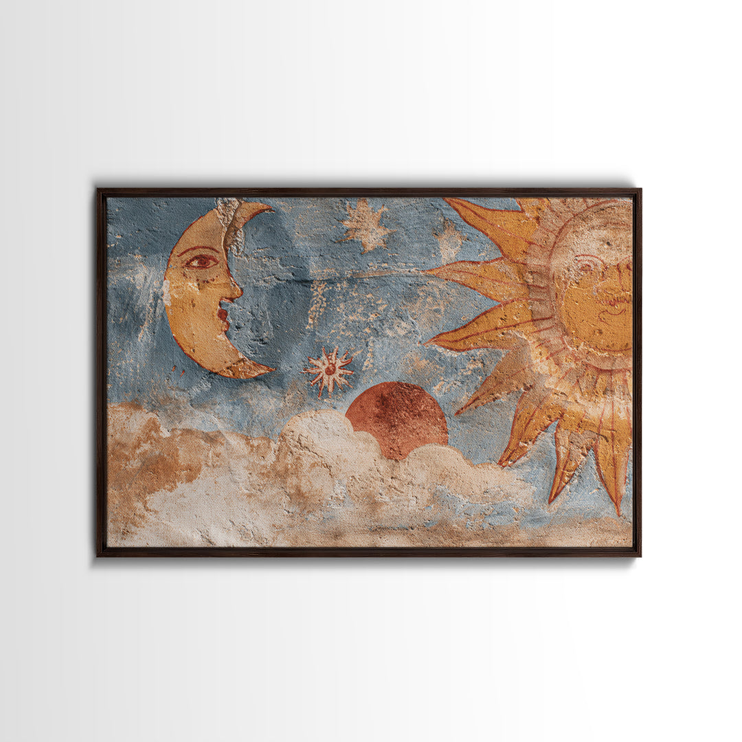 Sun and Moon Celestial Folk Motif Canvas Print, Boho Art, Wall Art Print, Living Room Decor, Fine Art, Bohemian, Luxury Decor, BOH-3x2-38