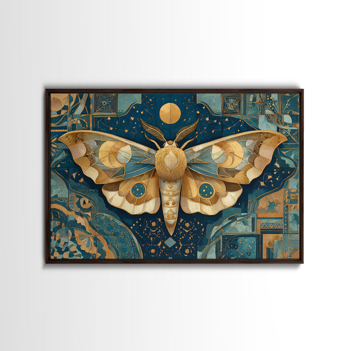 Golden Moth with Moon and Stars Framed Canvas Print, Boho Art, Textured Painting, Living Room Decor, Fine Art, Bohemian, BOH-3x2-45