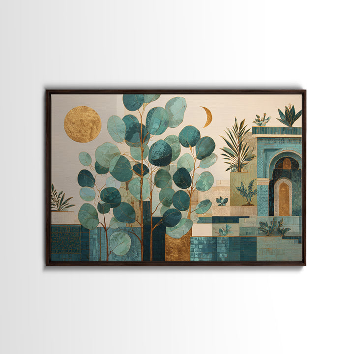 Sage Green Eucalyptus and Crescent Moon Canvas Print, Boho Art, Art Print, Living Room Decor, Fine Art, Bohemian, Digital Print, BOH-3x2-51