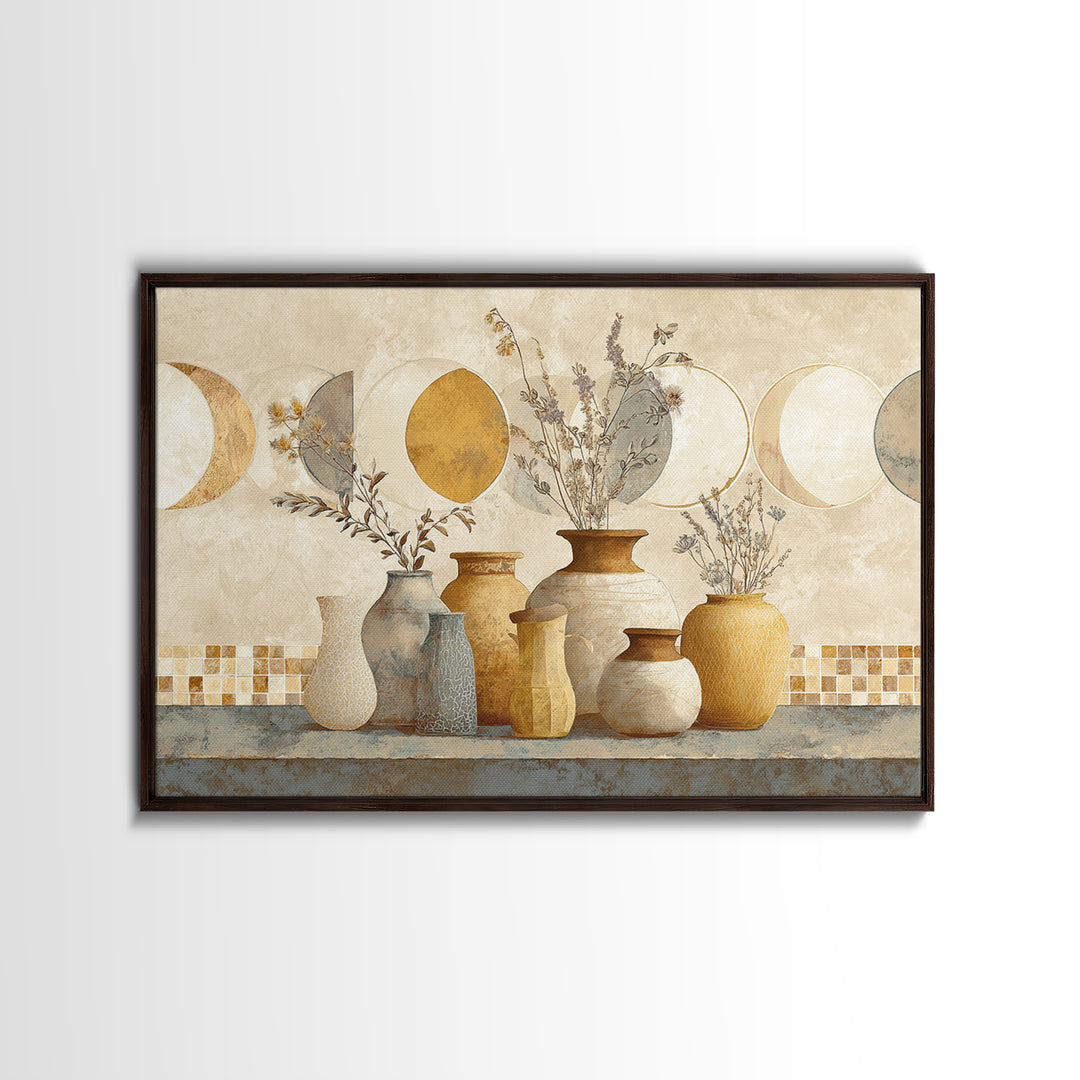 Moon Phases Above Botanical Silhouettes Framed Canvas Print, Boho Art, Boho Wall Art, Living Room Decor, Fine Art, Bohemian, BOH-3x2-6