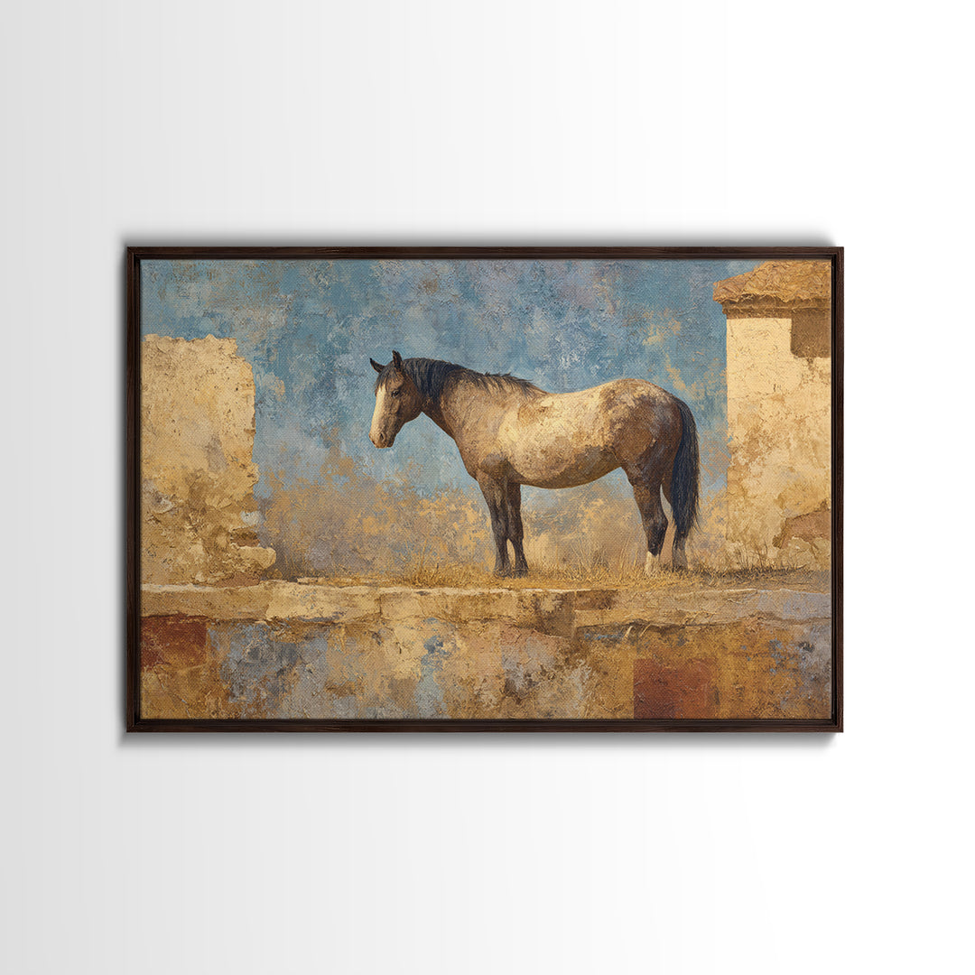 Wild Horse in Dusty Golden Light Framed Canvas Print, Boho Art, Digital Art, Living Room Decor, Bohemian, Printable Art, BOH-3x2-60