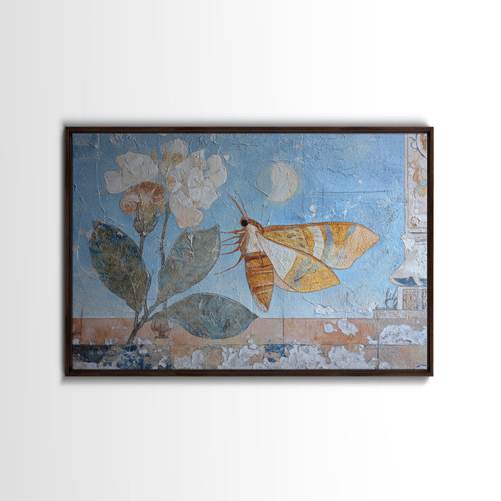 Golden Moth with Moon and Stars Framed Canvas Print, Boho Art, Textured Painting, Living Room Decor, Fine Art, Bohemian, BOH-3x2-69